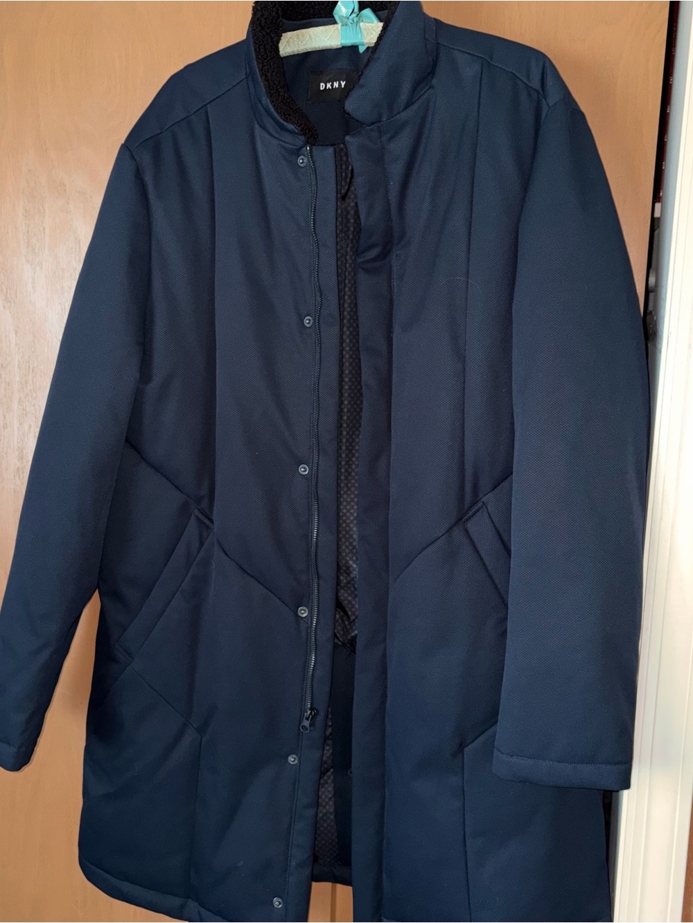 DKNY Men's Water Resistant Navy Quilted Long Coat